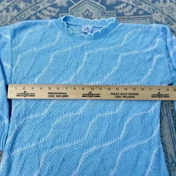 Vintage Centennial Knits Ltd Blue Scallop neck wavy 3D design white Medium 90s - Picture 5 of 9